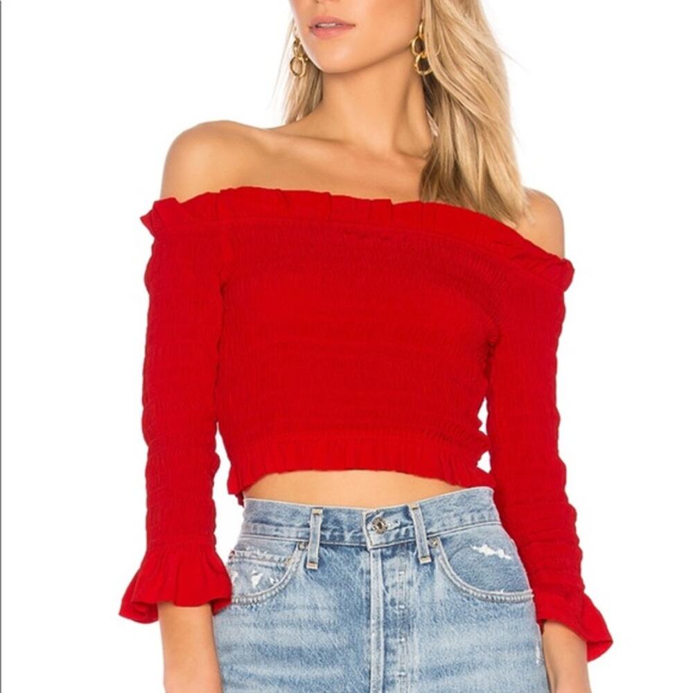 Lovers + Friends Hampton Crimson Red Smocked Cropped Off the Shoulder Top